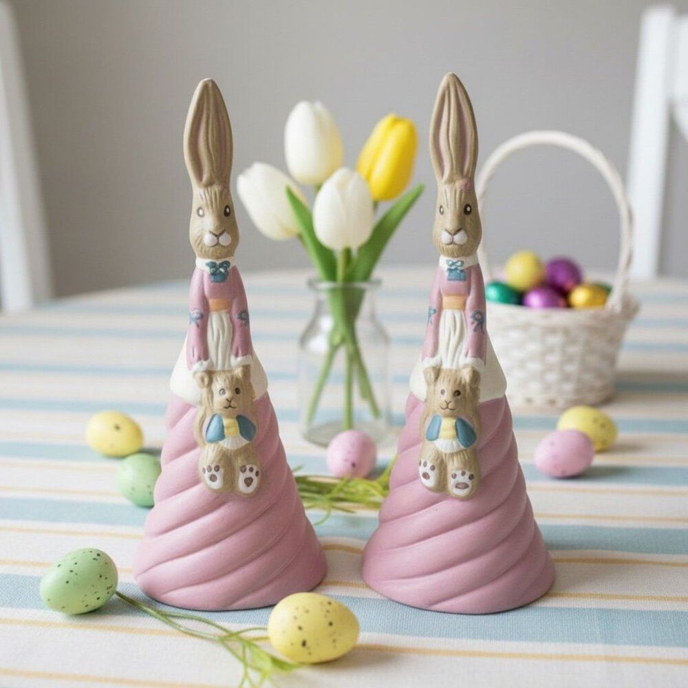 Easter Bunny Bell Holding Baby Bear 6" Tall Ceramic Vintage Springtime Decor